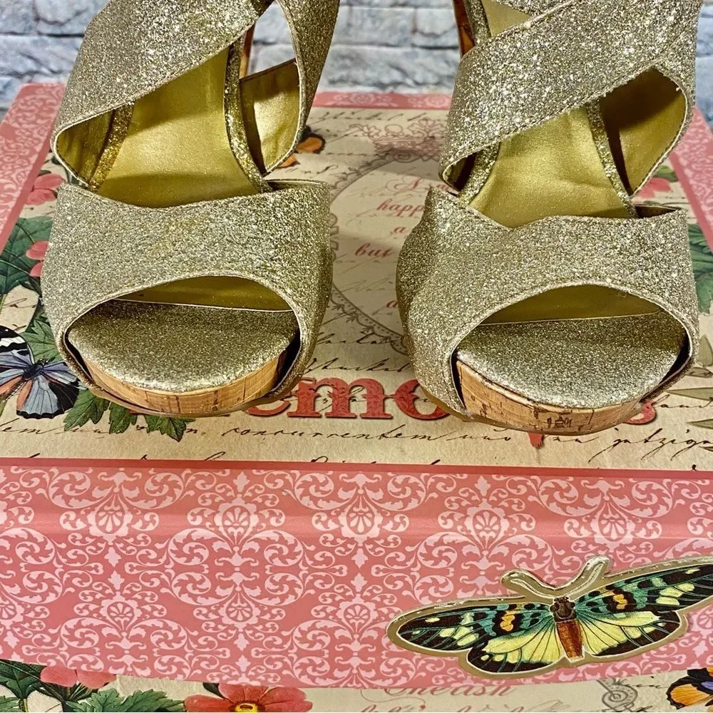 Kaya Gold Glitter Heels Platform Cork Wedge Dance Party New Years Eve SZ 6